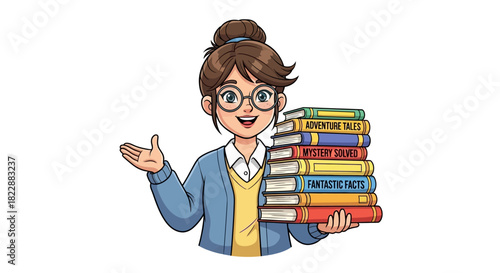 Cheerful cartoon woman in glasses holding a stack of books