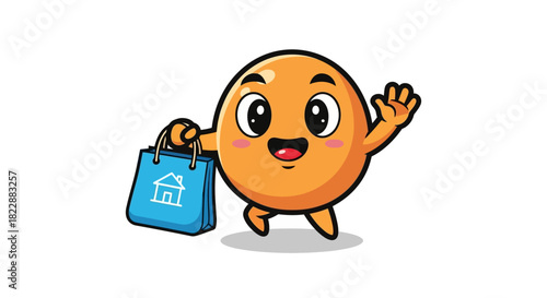 Cheerful Egg Mascot with Shopping Bag and House