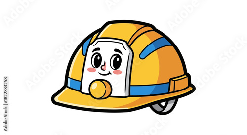 Cheerful Cartoon Yellow Hard Hat with Friendly Face and Blue Stripes