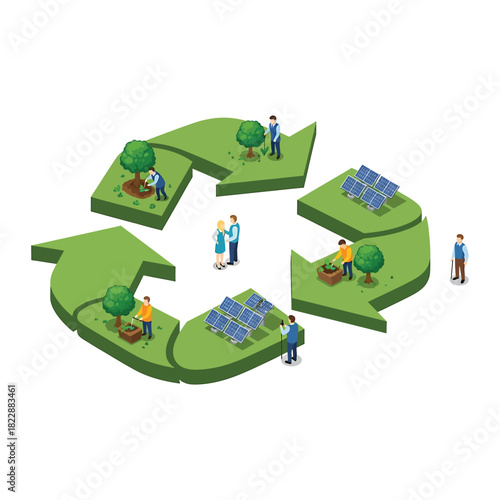 People participate in recycling process by planting trees and installing solar panels to promote environmental sustainability and reduce carbon footprint.