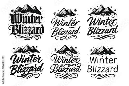 Winter Calligraphy Styles. Winter Blizzard. Create a calligraphy lettering illustration of the phrase: Winter