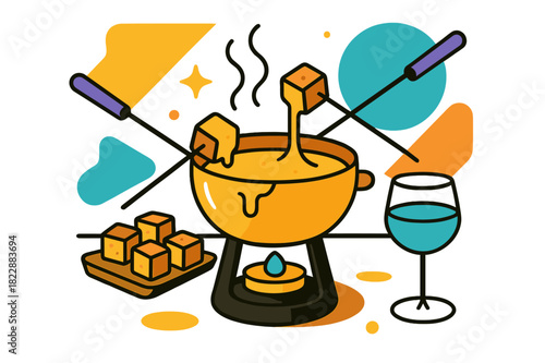 Fondue Feast Illustration. Cheese Fondue Dinner. A minimal table scene with a pot of melted cheese, bread