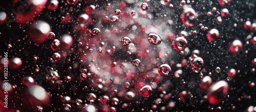 Abstract macro photograph of fluid with air bubbles in varying sizes, in a spiral, deep red