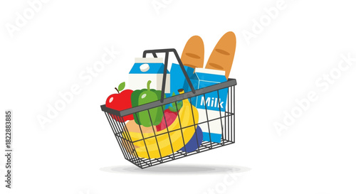 Colorful Groceries in a Black Wire Shopping Basket Vector Illustration