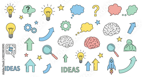 Colorful Idea Generation Elements: Light Bulbs, Brains, Arrows, and More