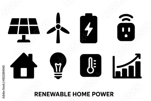 Renewable Energy Icons. Renewable Home Power. Filled icon set of Renewable Home Power: solar panel, wind