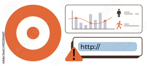 Target graphic, analytics chart showing human activity trends, and error alert with a URL bar. Ideal for business analysis, marketing, web management, user monitoring, performance, cybersecurity