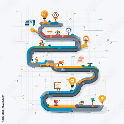 A colorful project roadmap with various concept illustrations