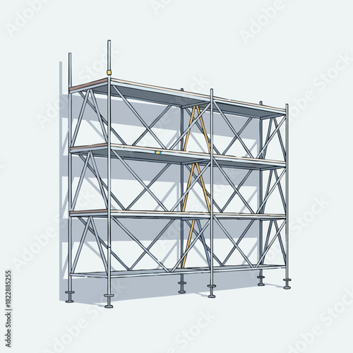 A detailed 3D illustration of a multi-level scaffolding system, featuring sturdy metal frames and wooden platforms, vital for temporary access and safety.