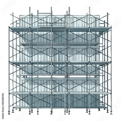 A comprehensive illustration of a multi-level metal scaffolding structure, providing crucial temporary support for various construction and renovation projects.