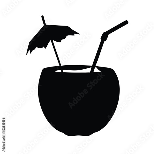 A silhouette of a coconut drink with a straw and umbrella is shown against a white background.