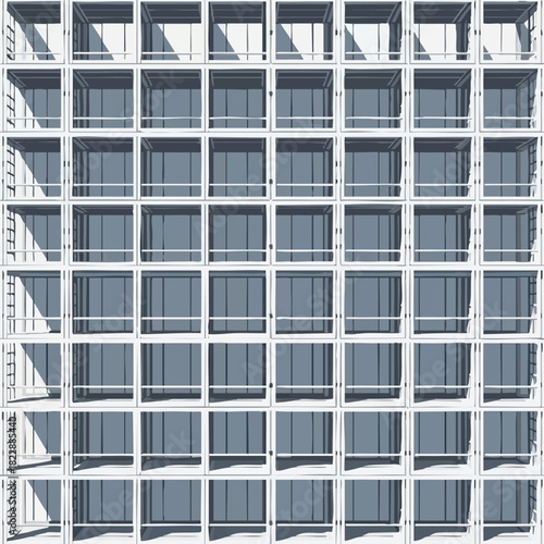 A striking modern architectural facade features a repetitive grid pattern of square windows and balconies, creating an abstract and geometric design with strong shadows.