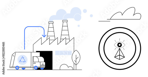 Recycling truck entering factory with smoke rising from chimneys. Abstract eye symbol nearby. Ideal for recycling, sustainability, pollution, environmental awareness, industrial processes, ethics