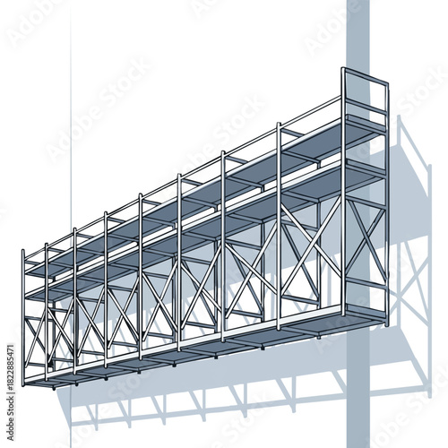 An isolated 3D rendering of a long, empty metal scaffolding structure, typically employed for construction work or as a billboard frame, casting shadows.