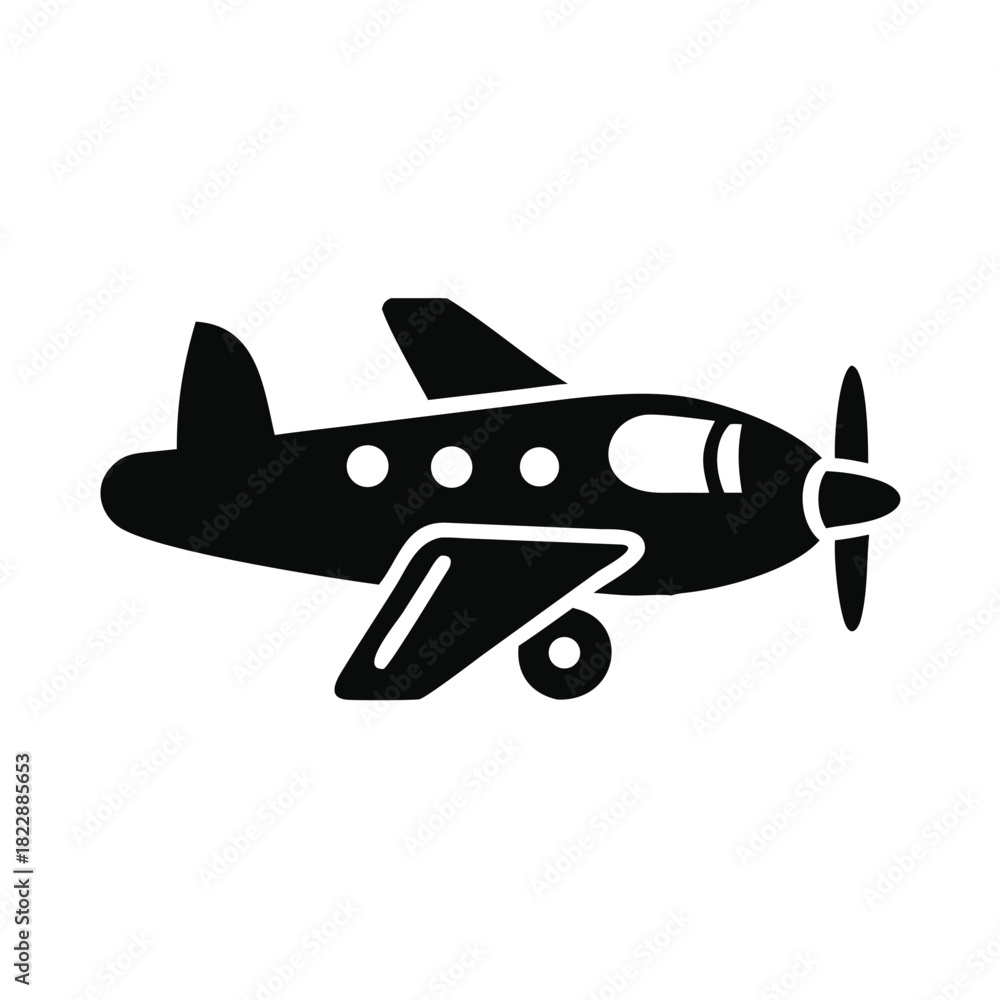 Naklejka premium A black silhouette of a propeller airplane is shown in profile, isolated on a white background.