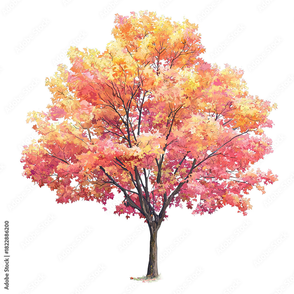 Fototapeta premium Stunning autumn tree with vibrant leaves in shades of yellow, orange, and pink, perfect for adding seasonal beauty to your design projects and evoking feelings of warmth and nostalgia