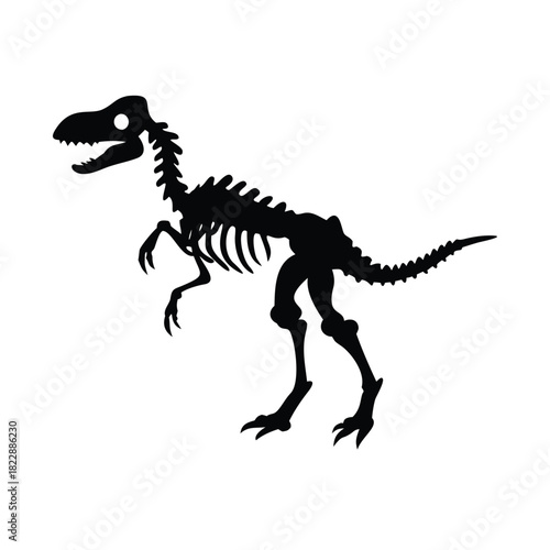 The silhouette of a dinosaur skeleton stands against a white background.