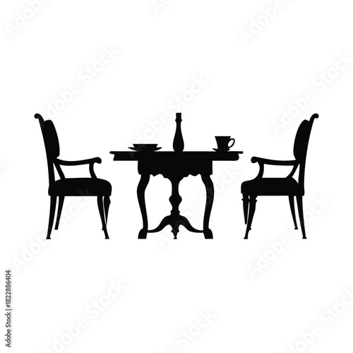 A silhouette of a table with two chairs, a bottle, and a cup are arranged for a meal.