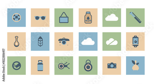 Collection of 20 icons in pastel colors on square backgrounds.
