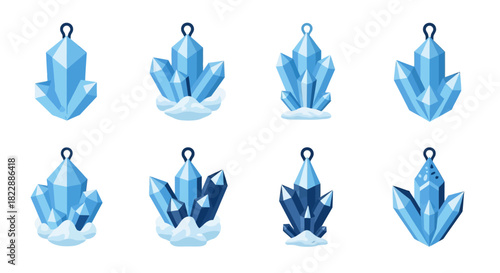 Collection of eight stylized blue crystal charms or pendants with varying designs.