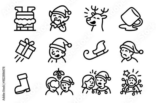 Christmas Comedy Icons. Christmas Comedy. Line outline icon set of Christmas Comedy: Santa stuck, elf giggling