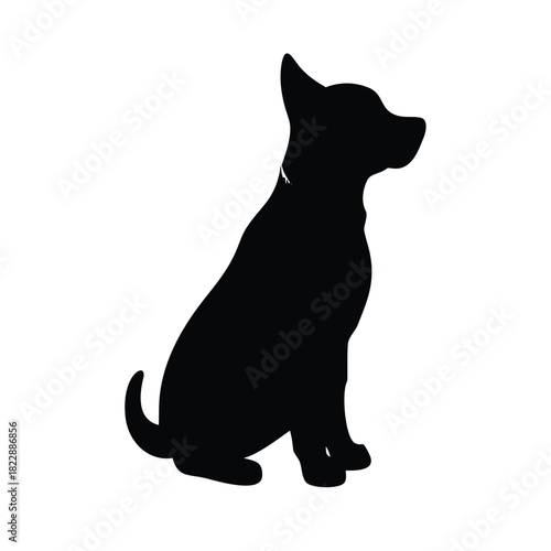 A silhouette of a dog sitting and looking to the side.