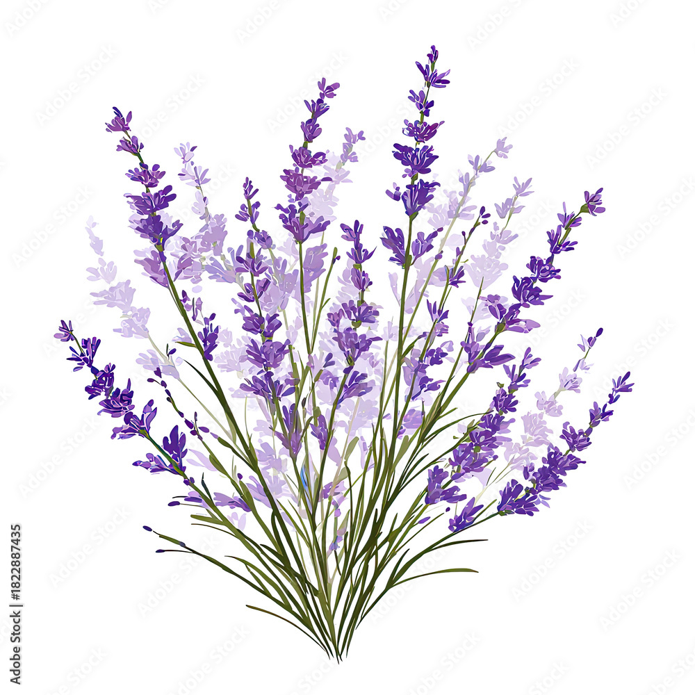 Fototapeta premium Elegant lavender bouquet illustration, perfect for adding a touch of serene beauty to your designs, evokes calmness and freshness for spa promotions or floral arrangements