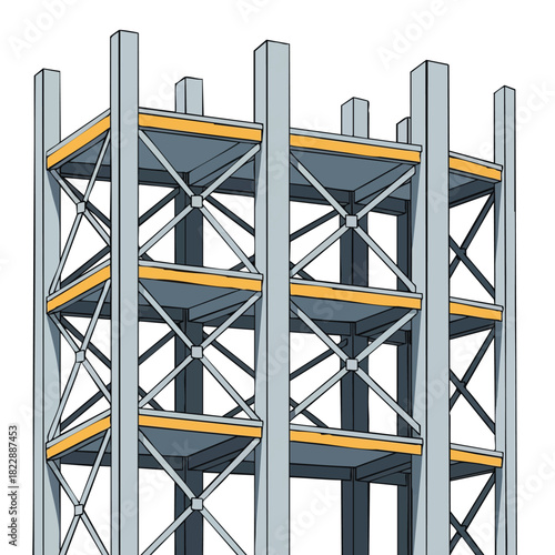 An illustrative depiction of a multi-level steel framework with robust cross-bracing, showcasing modern architectural and engineering principles.