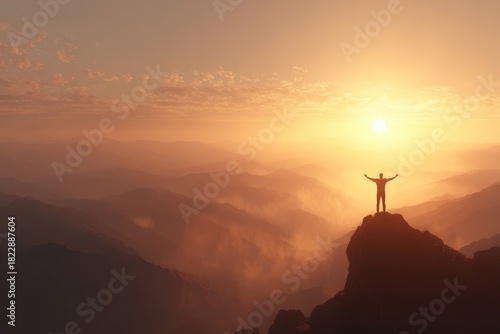 A silhouette of a person standing triumphantly on a mountain peak at sunrise, warm golden light illuminating their figure, conveying a sense of new beginnings
