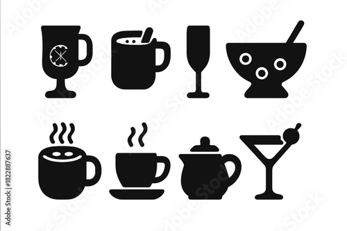 Holiday Drink Icons. Holiday beverages. Filled icon set of holiday beverages: mulled wine glass, eggnog cup,