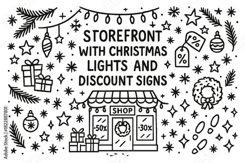 Festive Storefront Doodle. Storefront with Christmas lights and discount signs. Hand-drawn doodle illustration