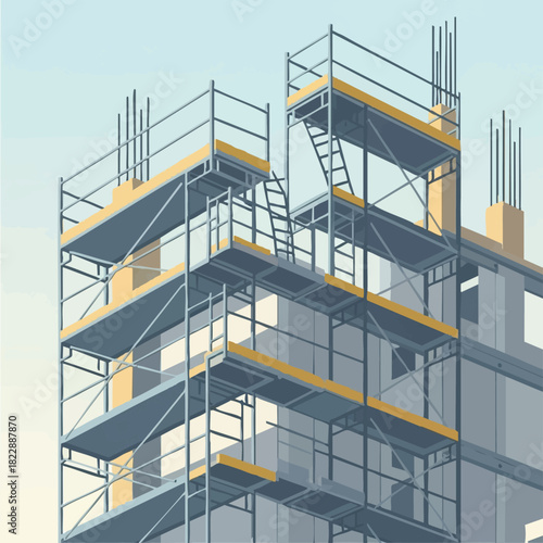 An intricate illustration depicts a modern building under construction, showcasing the complex metal scaffolding and concrete framework essential for urban development.