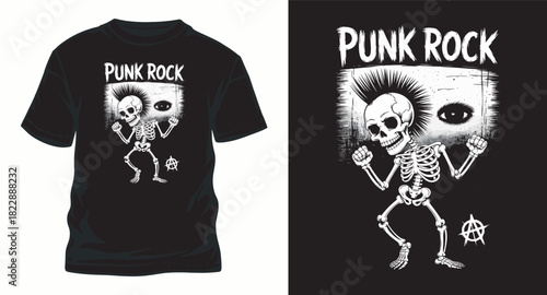 Punk Rock Skeleton Playing Music with Anarchy Symbol Vector Graphic