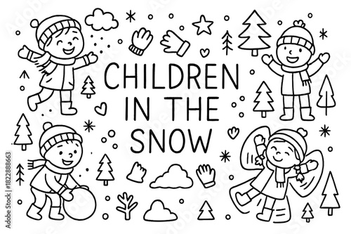Children Enjoying Snow. Children in the snow. Hand-drawn doodle illustration of Children in the snow. hats,