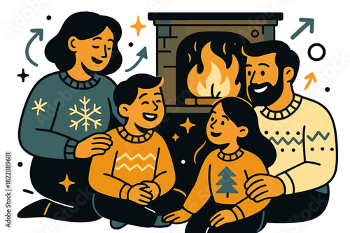 Cozy Family Evening. Evening photo. Family by the fireplace in festive sweaters, warm golden light
