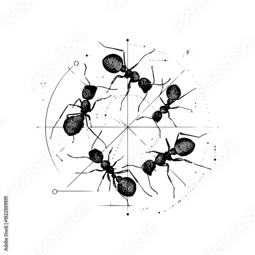 Ant colony illustration black and white insect art print entomology study nature drawing science education design