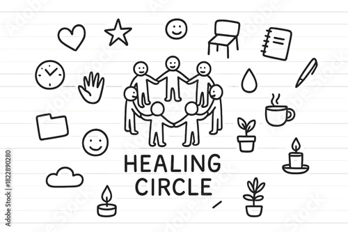 Healing Circle Doodle. Healing Circle. Hand-drawn doodle illustration of Healing Circle. In the middle, one