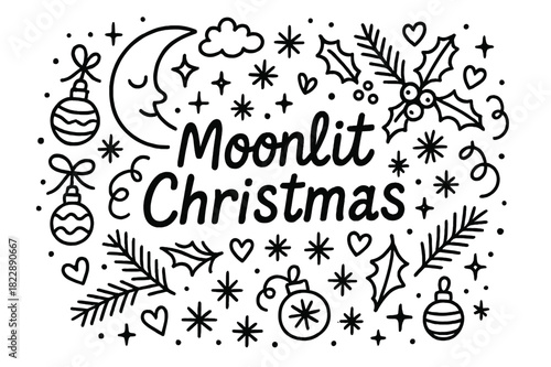 Moonlit Christmas Doodle. Moonlit Christmas. Hand-drawn doodle illustration of moonlit Christmas. Crescent