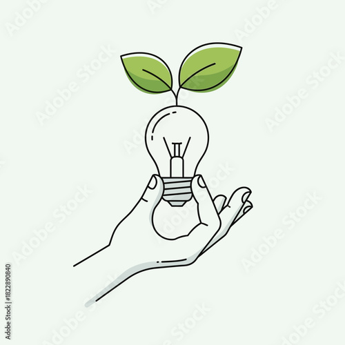 Hand holding a lightbulb with growing leaves symbolizing new ideas.