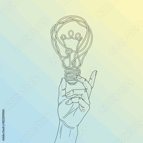 Hand holding a sketched lightbulb against a gradient background.