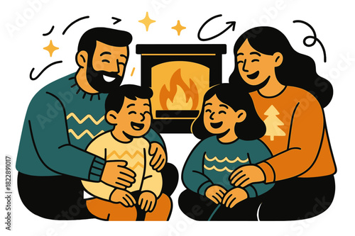 Cozy Family Evening. Evening photo. Family by the fireplace in festive sweaters, warm golden light