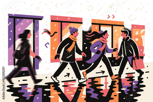 Vibrant Snowy Reflections. Street reflections. Colorful shop lights glowing through falling snow, mirrored in