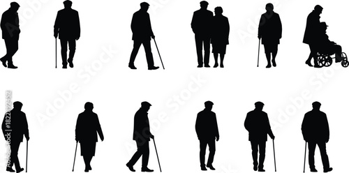 Elderly people silhouette collection, senior men and women walking with cane and wheelchair, old age care, retirement life vector