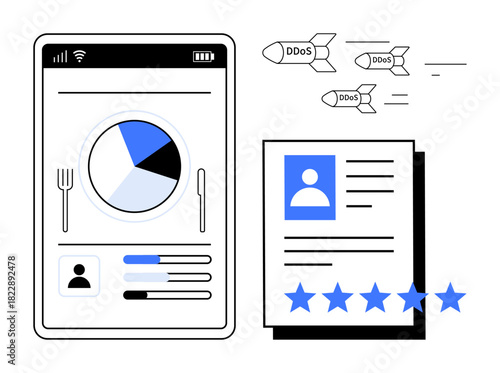 User profile analysis with detailed ratings and data visualization surrounded by digital cybersecurity threats symbolized as DDoS attacks. Ideal for data analysis, technology risk, cyber defense