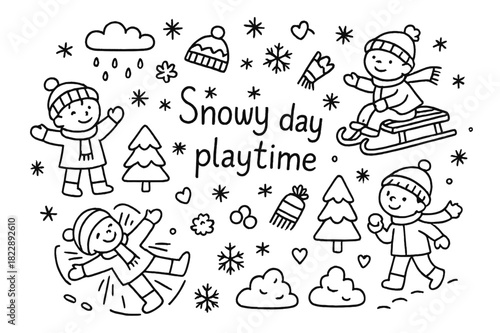 Snowy Day Doodles. Snowy day playtime. Hand-drawn doodle illustration of Snowy day playtime. children,