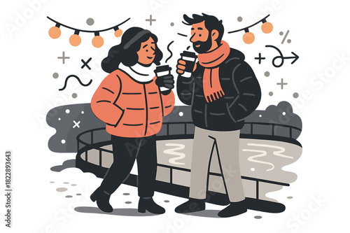 Cozy Evening by Ice Rink. Evening warmth. Couple standing on snowy sidewalk by ice rink, sipping warm drinks,