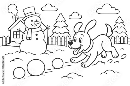 Snowy Dog Chase. Snow chase scene children?s coloring book illustration, outlined drawing, dog chasing