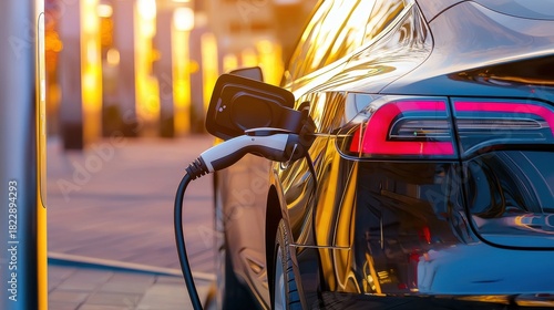 An electric vehicle is being charged at a public charging station on a city street during a picturesque sunset showcasing the growing infrastructure for sustainable transportation