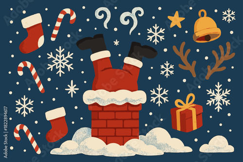 Santa on Rooftop. chimney top, Santa legs, snow piles, stars, candy canes, snowflakes, stockings, gift box,