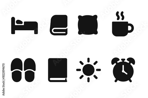Lazy Start Icons. Lazy Start. Filled icon set of Lazy Start: bed, blanket, pillow, coffee cup, slippers, book,